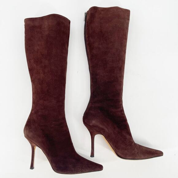Retro Jimmy Choo Chocolate Brown Suede Knee High Pointed Toe Heeled Boot IT 41 - Picture 1 of 10